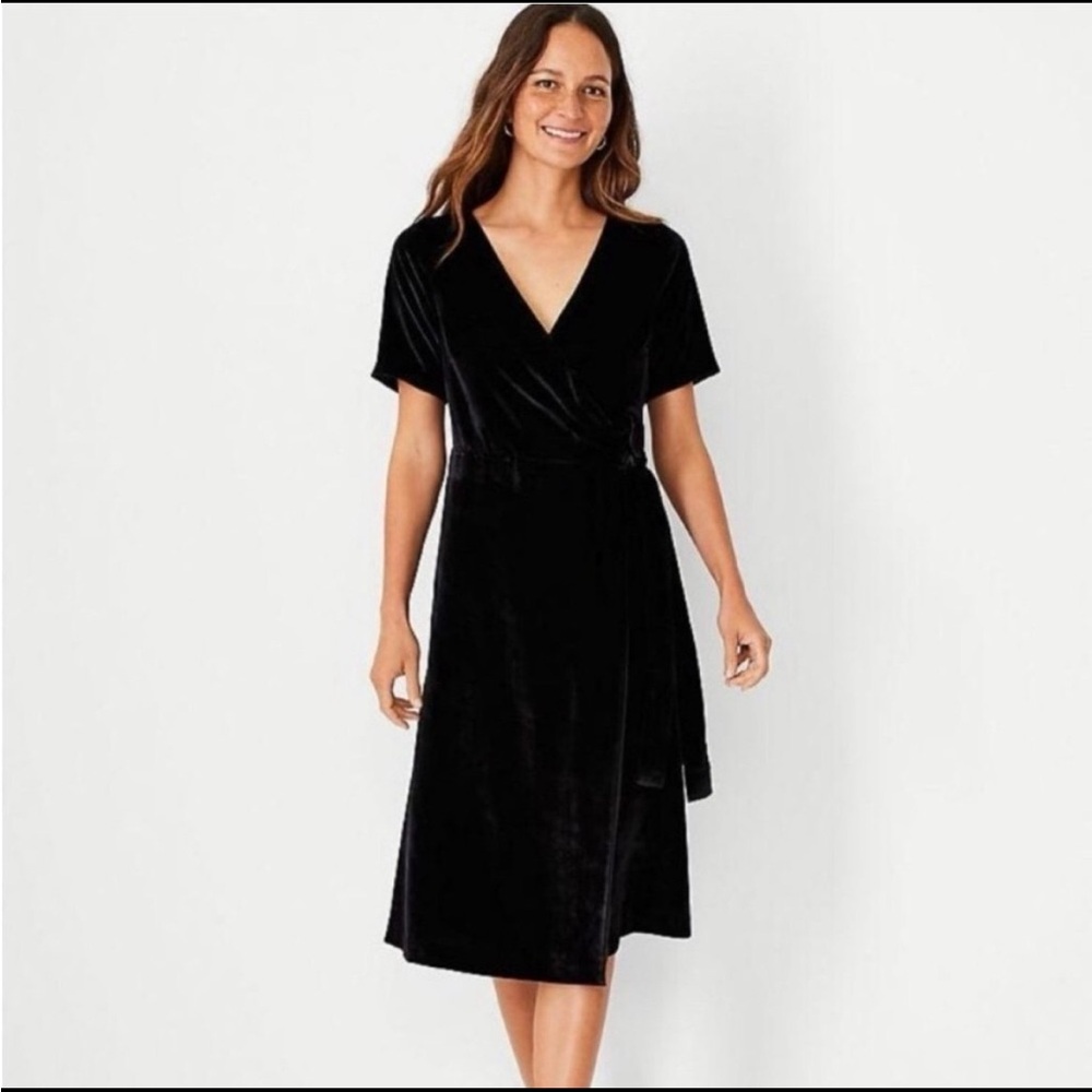 Ann Taylor Black Velvet Wrap Midi Dress